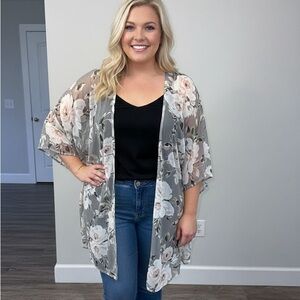 Emerald Floral Sheer Cardigan - Gray and Pink